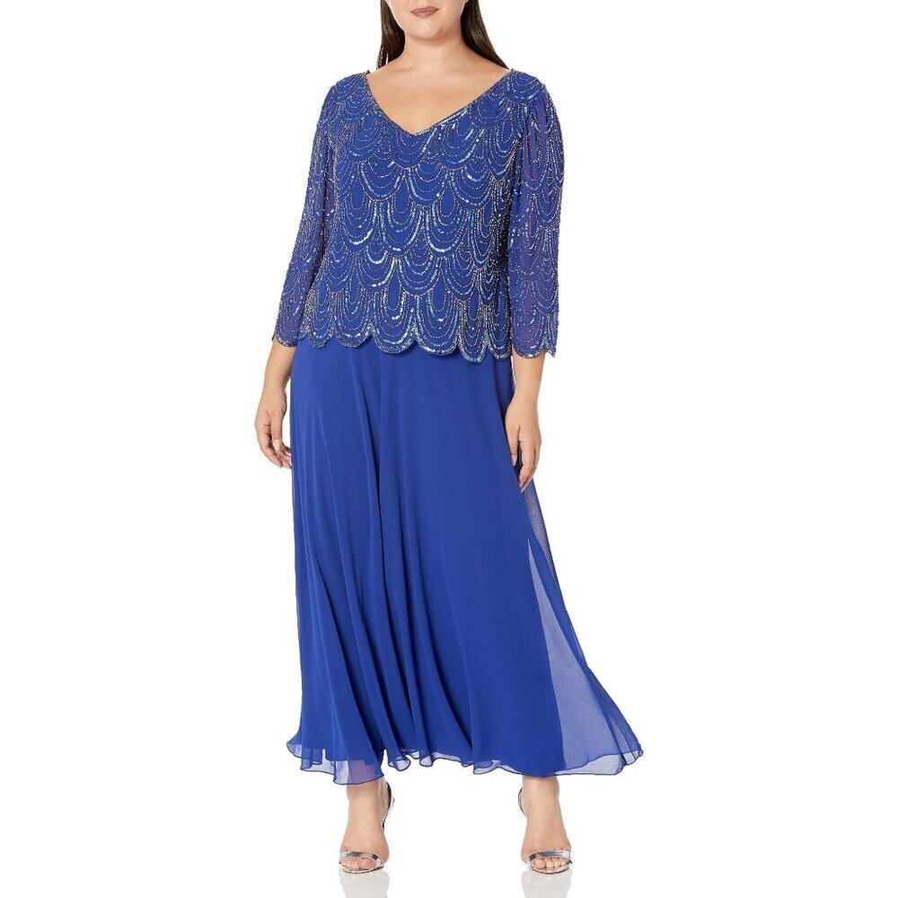NWT J Kara Women's V-Neck 3/4 Sleeve Scalloped Beaded Mock Dress, Royal/Multi, 4
